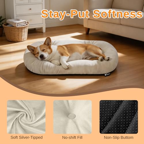 Image of Washable Oval Dog Bed forX-Large Dogs,Silver-Tipped High-Resilience,Beige | Non-Slip Bottom Prevents Sliding, Soft Plush Short Fur, Machine Washable, Ideal for Crates /Apartments /Cozy Nooks,41 inchx27 inchx3.6 inch