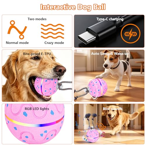 morhandisn Interactive Dog Ball Toy – Auto Rolling & Bouncing, Bird Chirping Sound, Color LED Light, ETPU Chew-Safe, USB Rechargeable 500mAh, Indoor Fetch Toy for Medium & Large Dogs — view 2
