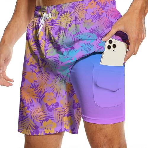 Men's Swim Trunks with Compression Liner Beach Shorts with Pockets 7 Inch Inseam Swim Shorts2