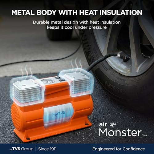 Image of myTVS air Monster Heavy Duty Tyre Inflator for SUV /Sedan, 150 PSI Metal Body Fast Inflation Air Pump for Car tire with Dual Cylinder High-Performance Compressor with LED & 1+1 Year Warranty (TI-18)