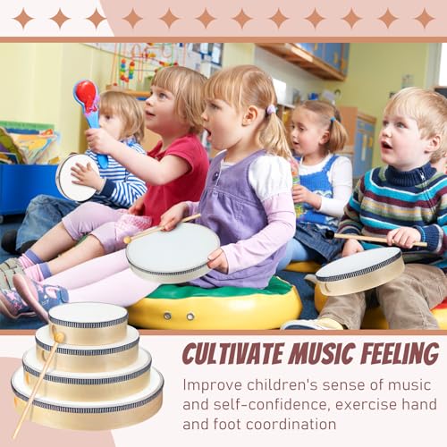 Lukmaa 16 Pcs Hand Drum with 16 Pcs Drum Stick 6 Inch 8 Inch 10 Inch 12 Inch Wooden Frame Drum Adults Kids Drums Musical Educational Percussion Instruments for Home Party School, White