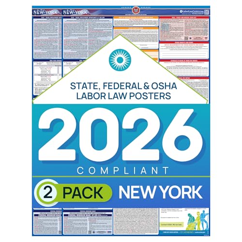 Image of New York 2026 Labor Law Poster - State & Federal Compliance - OSHA, EEOC, FMLA, Minimum Wage - Durable, Laminated & Waterproof Workplace Employment Poster - Made in USA - 26 inch x 39.5 inch, 2-Pack