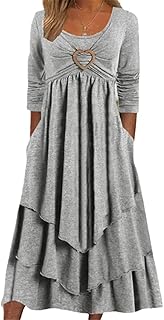 Womens Fall Long Sleeve Heart Tiered Dresses with Pockets Ruffle Irregular Hem A Line Flowy Pleated Maxi Dress - Buy now