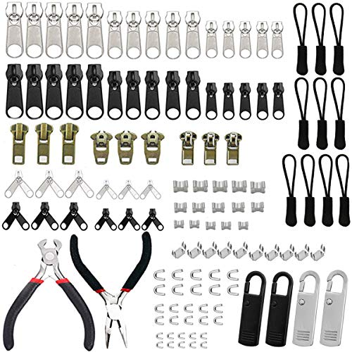 Mocossmy All in One Big Zipper Repair Kit Zipper Replacement Set Zipper Pull Rescue Fix Kit with Zipper Installation Pliers Tool & Extension Pulls for Clothing Jackets Purses Luggage Backpacks Boots