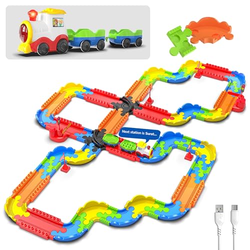 Image of Mirana Block Rider Toy Train Set with Colorful & Multiple Track Layout, USB Rechargeable Type-C Engine, Various Sound Modes - Vande Bharat, Rajdhani, Delhi Metro, Kids 2-8 Years (Advanced - 131 Pcs)