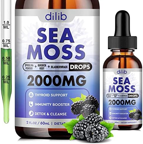 Irish Sea Moss Liquid Drops: 2000mg, Organic Bladderwrack, and Burdock Root, Spirulina, Thyroid Support, Support for Digestion and Skin, Joint Health, Herbal Supplements-2 Fl Oz dilib Vegan Blackberry