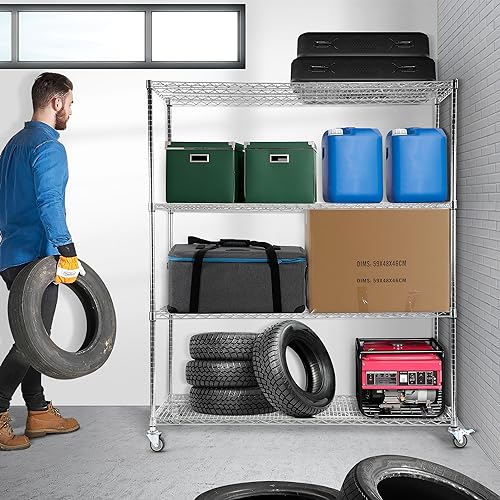 Rengue Wire Shelving with Wheels, 60"x 24"x72" Metal Storage Shelves, 4-Tier Heavy Duty Garage Storage Shelves, Chrome 2400LBS Capacity Wire Shelf Rack for Restaurant, Garage, Pantry, Kitchen - Image 3
