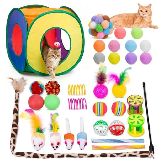 Retro Shaw 33Pcs Cat Toys Pack for Indoor Cats Kitten, with Cube Tunnel