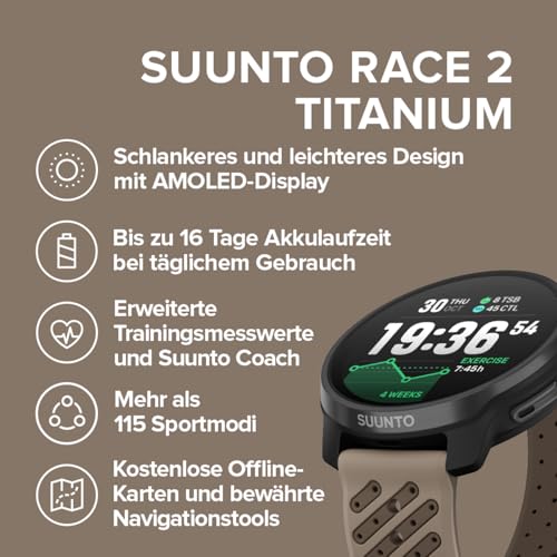 SUUNTO Race 2 GPS Sportuhr, Helles 1.5-Inch AMOLED Touchsreen,Schlankeres und Leichteres Design, 16-Tage Akkulaufzeit, Offline-Karten, Prezise Navigation, 115+ Sportmodi, Erweiterte Trainingsmesswerte