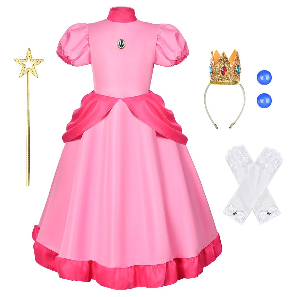 Aomig Prinzessin Mädchen Kostüm 5Teiliges Set Costume for Girls Rosa Kleid Kinder Kostüm Krone Diadem Zauberstab Handschuhe Ohrringe Princess Kostüm Verkleidung Karneval Halloween Geburtstag Party