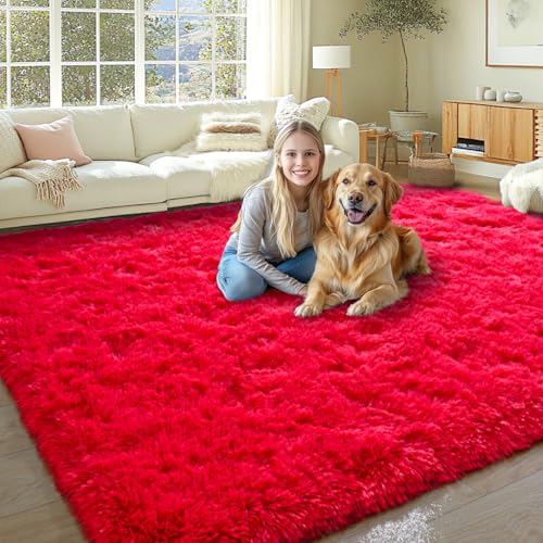 KING DARE 8x10 Area Rugs for Living Room, Soft Plush Fluffy Shaggy Fuzzy Furry Large Red Rug, Anti-Slip Washable Modern Big Floor Carpet for Bedroom Aesthetic Home Decor
