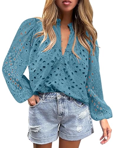 BETTE BOUTIK Women's Long Short Sleeve Tops 2025 Dressy Casual Button Hollow Out Lace Embroidered Blouses Shirts
