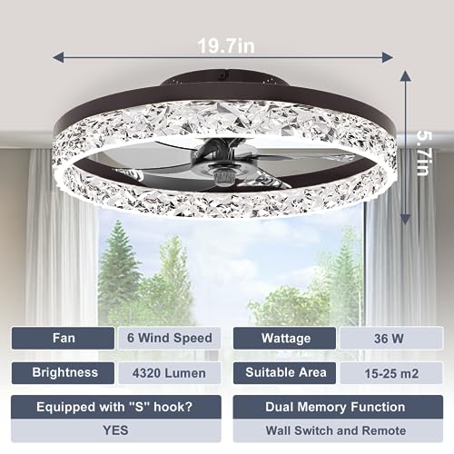 Image of VOLISUN Modern Ceiling Fans with Lights and Remote, No Assembly, 19.7in Low Profile Ceiling Fan Flush Mount, 3000K-6500K Dimmable Bladeless LED Fan Light, Brown Fandelier Ceiling Fans for Bedroom
