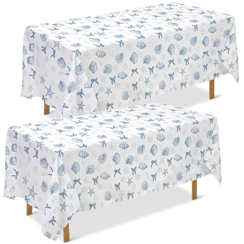 Image of Chumia 2 Pcs Coastal Tablecloth White and Blue Bachelorette Tablecloth Disposable Plastic Waterproof Table Covers Dinner Party Setting Floral Wedding Bridal Home Party(Rectangle Shell)
