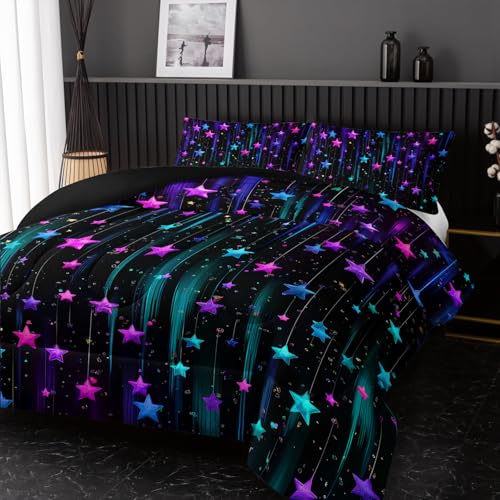 Image of Nttopship Colorful Stars Comforter Set Twin Size,Galaxy Starry Printed Bedding Set for Men Women Adults,Colorful Stars Room Decor with Soft and Lightweight Comforter and 2 Pillowcases