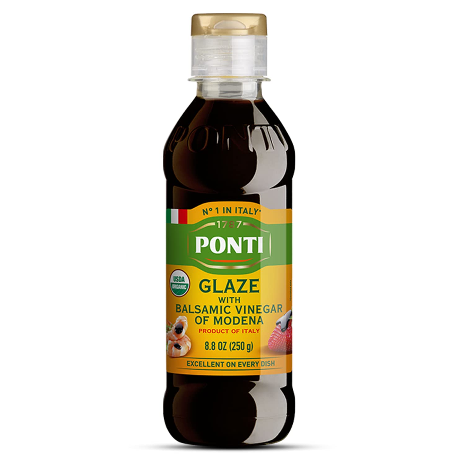 Ponti Organic Glaze with Balsamic Vinegar of Modena, Grape Must – Italian Organic Balsamic Vinegar Glaze with Sweet Caramel and Grapes Flavor– Ideal for Salads, Meat, Pastas, Salads – 8.82 fl oz