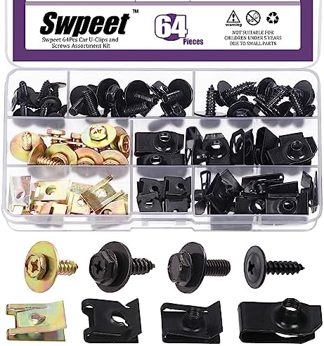 Swpeet 64Pcs Universal Metal Engine Under Cover Body Bolts Bumper Fender and Trim Panel Spring U-Clip Auto Car Moulding Clip With Matched Screws