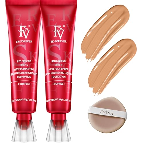FV 2 Pack Waterproof Foundation, Lightweight & Medium Coverage Foundation with Matte Finish, Oil Control Long Lasting Liquid Foundation Makeup for Oily Normal Skin (Toffee, 1.05 fl.oz)