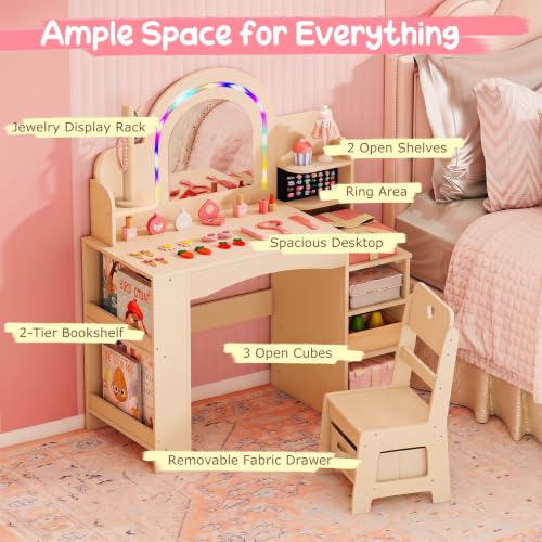 Image of Costzon Kids Vanity, Girls Vanity Set with Lighted Mirror, Bookshelf, Jewelry Storage, Toddler Makeup Vanity Desk Dressing Table, Wooden Kids Vanity Table and Chair Set (Natural)