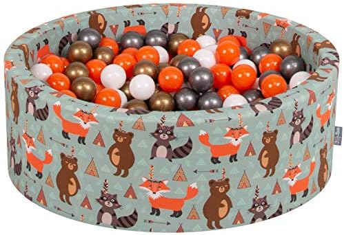 KiddyMoon Soft Ball Pit Round 90X30cm/200 Balls  7Cm / 2.75In for Kids, Foam Ball Pool Baby Playballs Children, Made in EU, Fox-Green:Orange/Mint