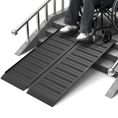 Nuvium 4FT Portable Wheelchair Ramp with Handle, Non-Slip Aluminum Folding Handicap Wheelchair Ramp for Home, Doorways, Thresholds, Steps, Curbs, Stairs, 800 LBS Capacity