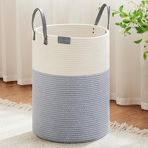Image of VIPOSCO 100L Tall Woven Rope Laundry Hamper, Leather Handles, Grey & White | Large Wicker Laundry Basket for Dirty Clothes, Blanket, Toy, Towel, Yoga Mat, Storage Bin in Bedroom, Bathroom, Living Room
