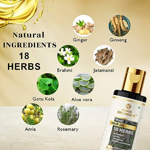 Image of Khadi Organique 18 Herbs Herbal Hair Oil to Repair Dry Scalp | Softens Hair, Prevents Dandruff & Hair Growth | Natural & Non-Sticky Formula | Paraben & Sulphate Free Formula for Women & Men - 210ml