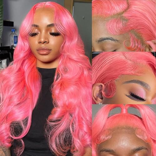 Image of Pink Lace Front Wigs Human Hair 13x4 HD Transparent Body Wave Human Hair Lace Front Wig Pre Plucked Pink Colored Glueless Lace Frontal Wigs for Women 20 Inch