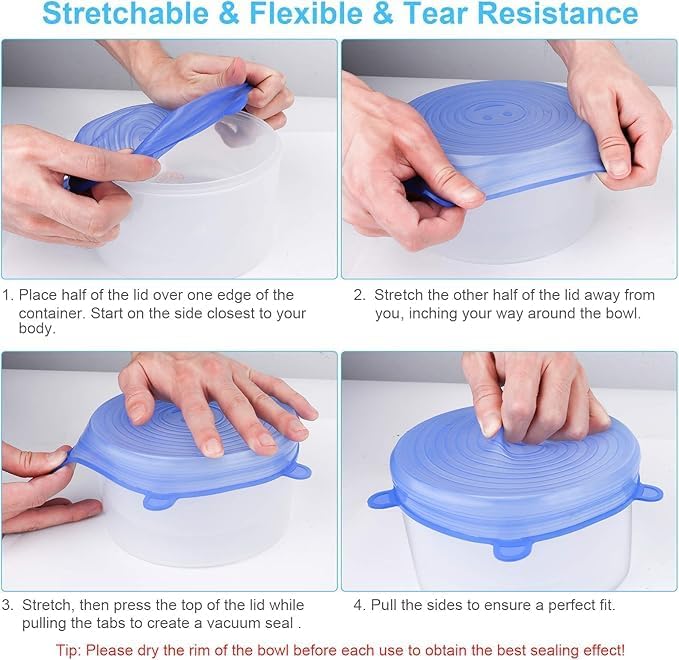 Image of Silicone Stretch Lids, Multi Size Reusable Silicone Lids Food And Bowl Covers, Dishwasher And Freezer Safe, Elastic Bowl Covers Fit Round & Rectangle Containers, Jars, Cups (Pack Of 6 Pcs)