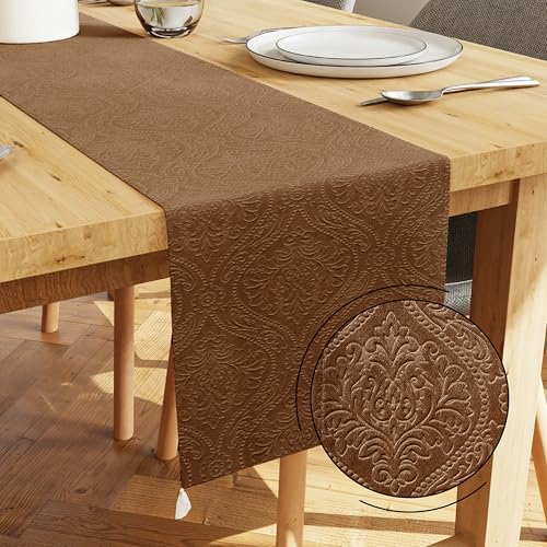 Image of Encasa XO 8 Seater Dining Embossed Velvet Table Runner | Size 32x240 cm | Coffee Color with Premium Polyester - Machine Washable