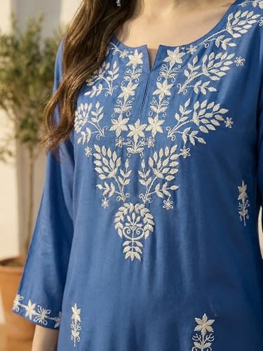 Image of INDO ERA Women's Viscose Rayon Floral Embroidered Straight Calf Length Kurta & Pant Set (IEAI11741)