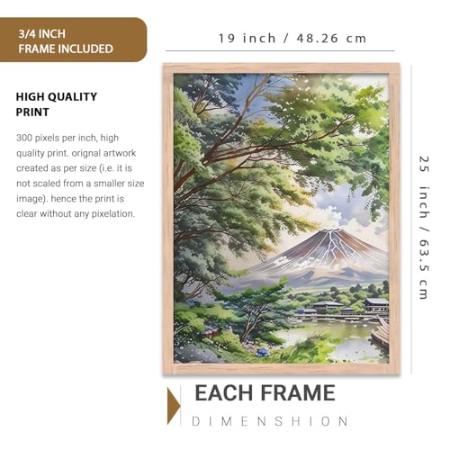 Image of kotart Big Aesthetic Japanese Nature Art View Framed Poster | Mount Fuji Wall Framed Posters for Living Room Bedroom Wall Decor Set Of 3 (19X25 inch)