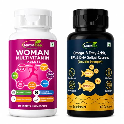 Image of Women's Wellness Combo | Women Multivitamin Tablets (60 Tablets) + Omega 3 Fish Oil Capsules (60 Softgels) | EPA DHA, Vitamins, Minerals, Biotin & Folic Acid | Immunity, Hair, Skin, Heart & Brain Support