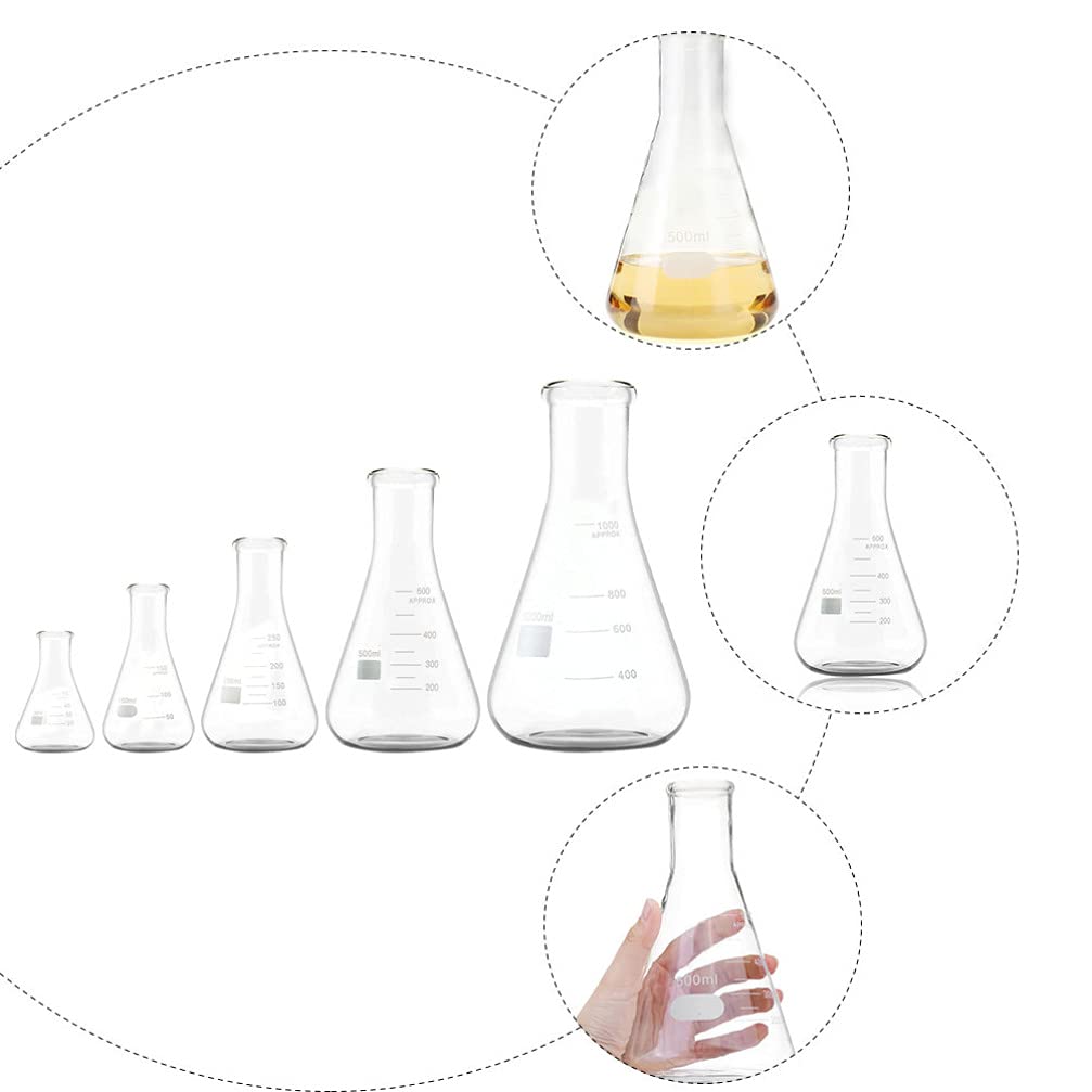 5pcs Erlenmeyer Flask Experimental Flask Boiling Narrow Mouth lab volumetric s Scientific Glass High Borosilicate Conical Flat Supplies