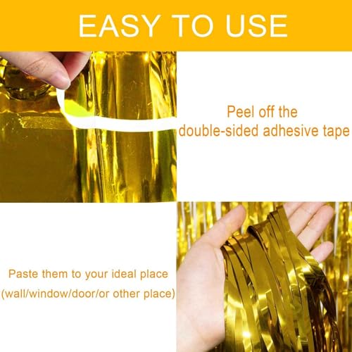 Image of 4 Pack Gold Foil Fringe Curtain Backdrop, 3.28Ft x 8.2Ft Metallic Tinsel Foil Fringe Streamer Curtains for Photo Booth Props, Birthday, Wedding, New Year's, Christmas Decoration Party Supplies New
