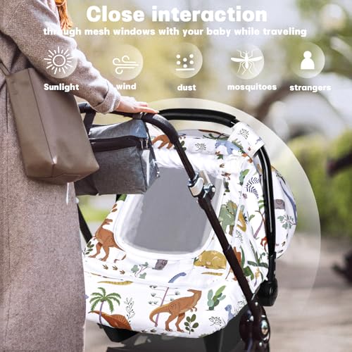 Image of Hooyax Baby Car Seat Cover with Dual Zipper, Extra Large Mesh Window Carseat Canopy, All-Season Weather Protection for Infant Car Seats & Strollers (Dinosaur)