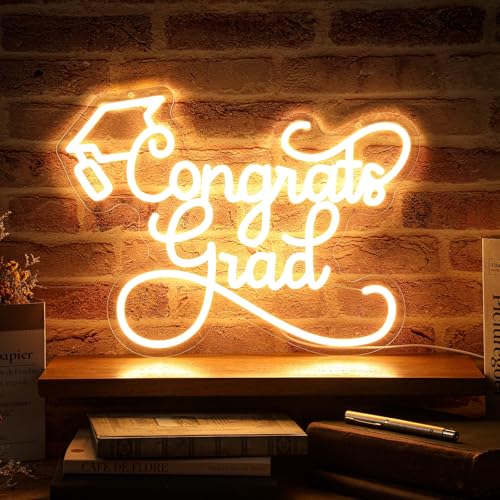 Retisee Congrats Grad Neon Sign LED Light Sign Warm White Congrats Grad Light up Background USB Powered Adjustable Brightness Wall Art Decor for Graduation Party School Class Backdrop Gifts