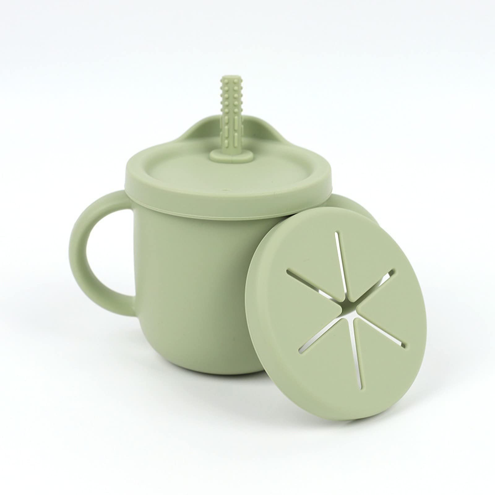 Excefore Toddler Sippy Cup with Lid, Kids Snack Container 2-in-1, Silicone Snack Catcher with Removable Scale, Kids Water Bottle with Straw 8.5 oz (Olive Green)