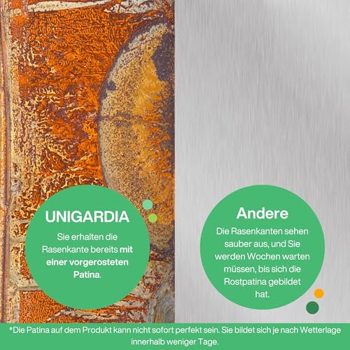 UNIGARDIA Rasenkante aus Cortenstahl 10 m, 1 mm stark - Beeteinfassung aus Metall 20 cm hoch - Einfache Montage - Rasenkantenband mit Rost, 1 Paar Montagehandschuhe inklusive