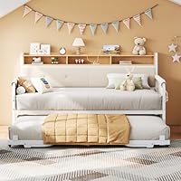 LIKIMIO Daybed with Trundle, Twin Bed Frame with Upholstered Headboard and Charging Station, Sofa Day Bed with Strong Supports for Living Room, Bedroom and Guest Room, White