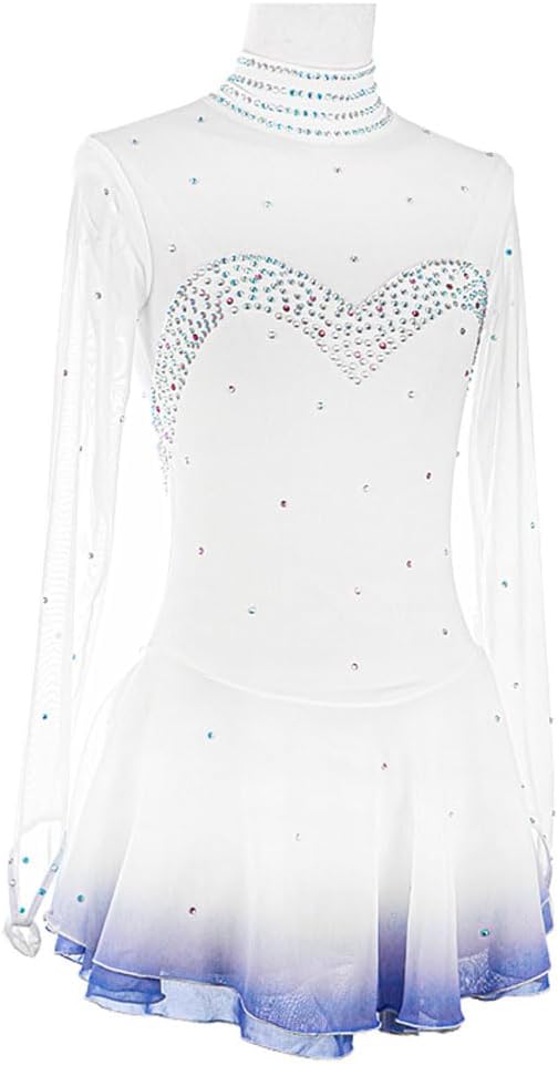 Winter Sports Figure Skating Dress Women Long Sleeves Rhinestones Gymnastics Leotard White Ballerina Outfits