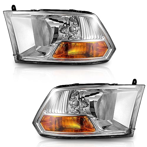 WEELMOTO Headlight Compatible with 2009-2012 Dodge Ram 1500/2010-2012 Dodge Ram 2500 3500 (Does NOT fit Quad Beam Headlight Models) Replacement Chrome Housing Amber Reflector