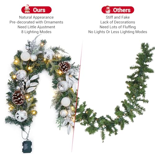 GarveeHome Christmas Garland with Lights, 6 Ft Silver White Lighted Christmas Garland with Pine Cones Ball Ornaments Battery Operated Lights for Indooor Outdoor Mantle Stairs Railing Decorations