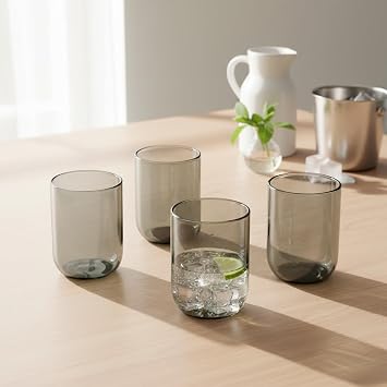Deconox 4'lü Füme Renkli Borosilikat Cam Bardak Seti - 290 ml Isıya Dayanıklı Gri Modern Su, Meşrubat ve Kahve Yanı Bardağı - Kurşunsuz Ekolojik (4 Adet)