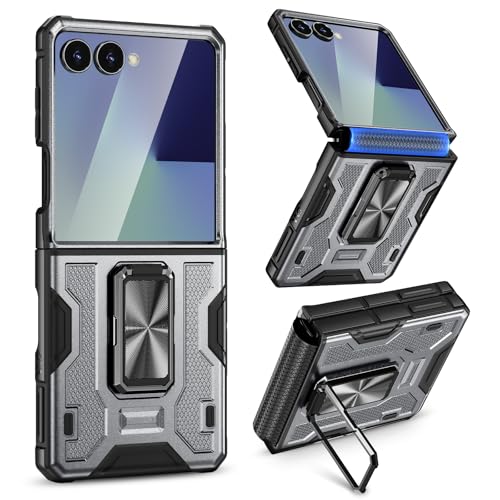 Image of VEGO for Z Flip 7 Case Built-in Screen Protector & Rotating Ring Kickstand | Hinge Protection [Anti-Scratch] [No-Slip] Heavy Duty Full Cover Shockproof Case for Galaxy Z Flip 7 2025(Not for 7 FE)-Gray