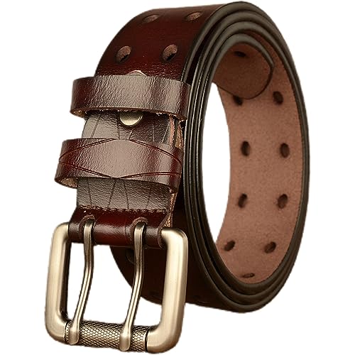 Men Double Prong Leather Belt 1.5" Wide Genuine Leather Double Grommet Holes Retro Casual Work belt for Jeans Pants2