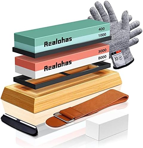 Whetstone Knife Sharpening Stone Kit - Professional Knife Sharpener Stone Set, Realohas Premium 4 Side Grit 400/1000 3000/8000 Wet Stone Sharpening Kit with Anti Cut Gloves, Leather Strop, Angle Guide