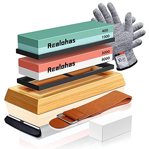Whetstone Knife Sharpening Stone Kit - Professional Knife Sharpener Stone Set, Realohas Premium 4 Side Grit 400/1000 3000/8000 Wet Stone Sharpening Kit With Anti Cut Gloves, Leather Strop, Angle Guide #TOP8