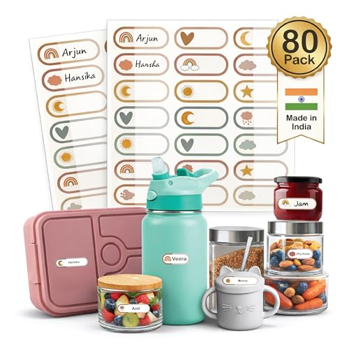 Image of 80 Waterproof Name Stickers for Kids School | Write On Labels for Bottle, Lunchbox, Books | Personalized Name Tags | Strong Adhesive, Smudge Proof | Chic Buddy