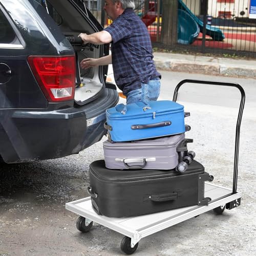 Carrello pieghevole in alluminio resistente con superficie antiscivolo e ruote girevoli per una mobilità senza sforzo, perfetto per magazzini, garage e uso domestico.